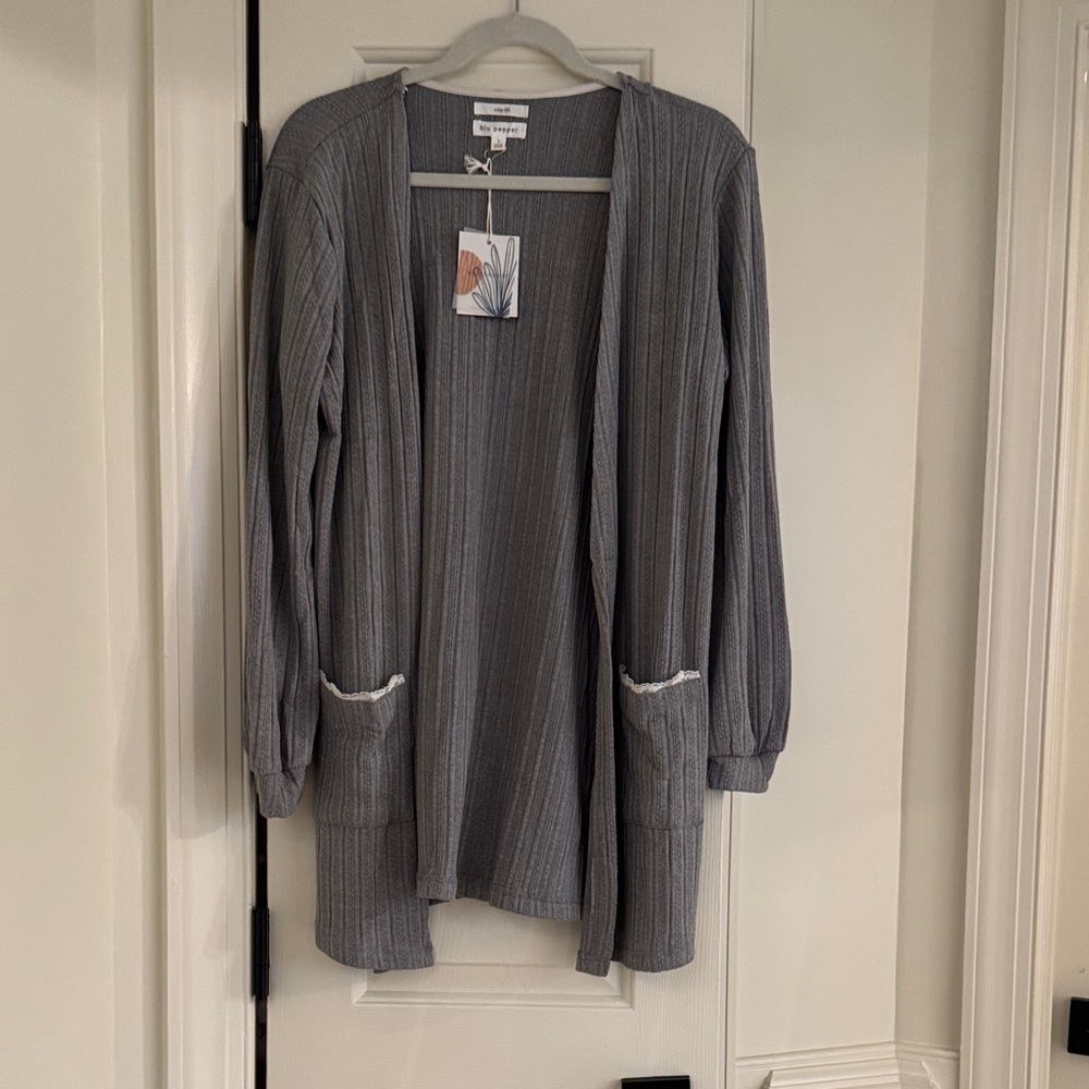 Blu Pepper Gray Ribbed Open-Front Cardigan